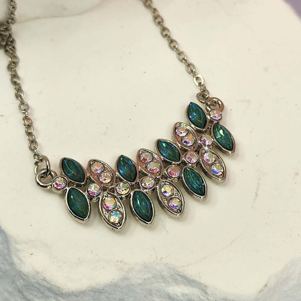 Emerald Green Rhinestone Leaf Bib Necklace Silver Tone Statement Wedding Gift